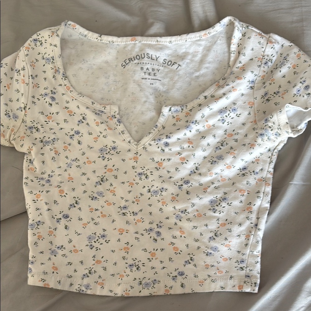 Aeropostale Blue and Gray Crop Fitted Short Sleeve Tee